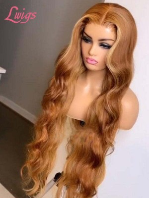 Sunshine Orange Brown Wavy Hair 13x6 HD Lace Wig Body Wave Pre Plucked Hairline Bleached Knots Blonde Highlights Color Lace Front Wigs Natural Hair Lwigs361