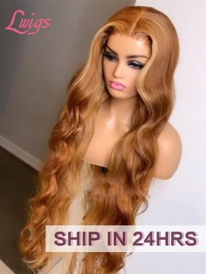 Sunshine Orange Brown Wavy Hair 13X6 Lace Frontal Wig Pre Plucked Hairline Film Dream HD Lace Wigs Blonde Highlights Color Glueless Frontal Lace Unit Lwigs361
