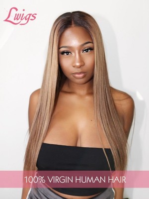 #1B/27 Silky Straight Ombre Color 360 Lace Wigs Virgin Hair Undetectable HD Dream Swiss Lace Pre-plucked Hairline Lwigs174 