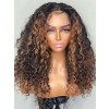 360 Curly Brown Wigs For Sale Glueless HD Lace Wig Bleached Knots Honey Brown Highlights Afro Curly Wig With Middle Part 360W02