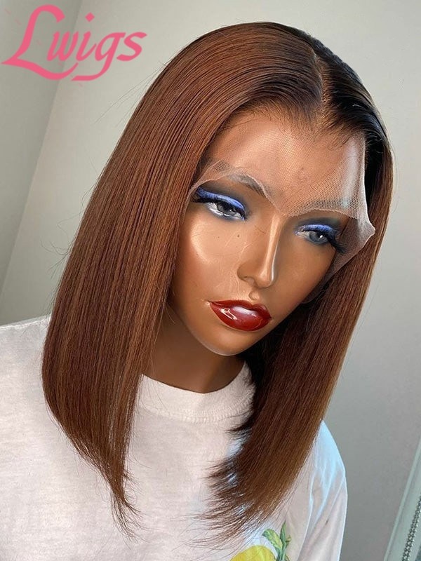 100% Human Hair Ash Brown Color Short Bob Invisible Single Knots 13x6 Pre Plucked Lace Frontal Wigs Lwigs74