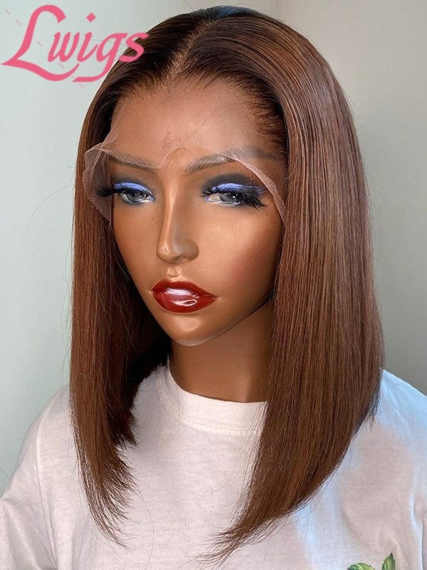 100% Human Hair Ash Brown Color Short Bob Invisible Single Knots 13x6 Pre Plucked Lace Frontal Wigs Lwigs74