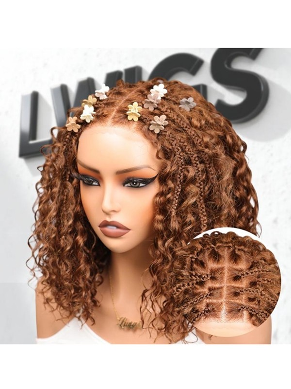 Lwigs Most-Fit Cap Boho Curls Top Braided Wigs Invisible Skinlike HD Lace Short Length Natural Color 5x5 Lace Closure Wigs UD29