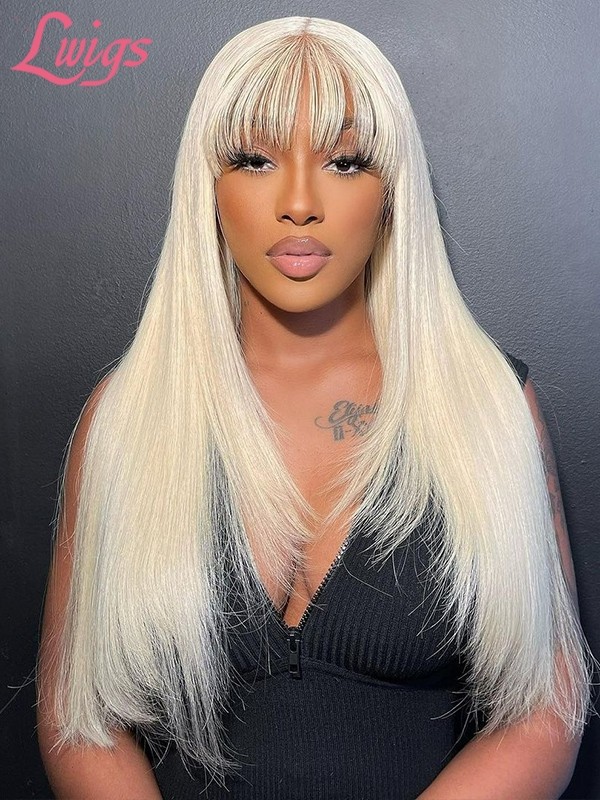 Pre-plucked Natural Hairline #613 Blonde Hair Color HD Lace 13x4 Lace Front Wigs Layered Silky Straight With Bangs Lwigs77