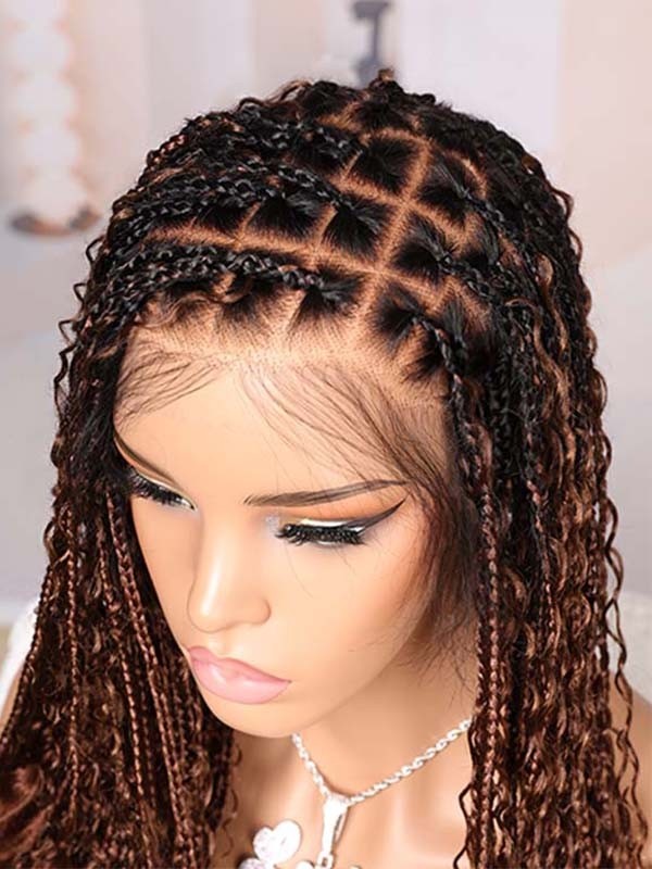 Lwigs Most-Fit Cap Ombre Brown Tiny Knots 180% Density Side Part HD Full Lace Knotless Long Braided Wig UD21