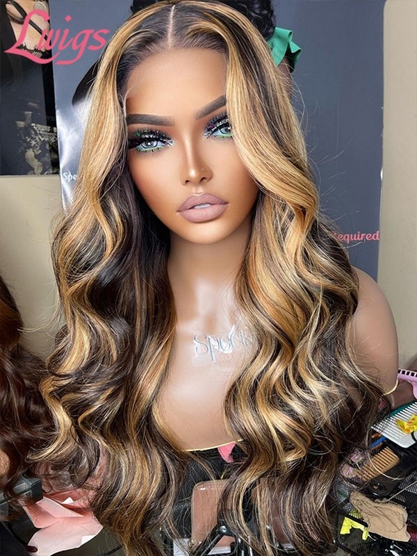 Lwigs New Arrivals Pre Plucked Clean Hairline 360 HD Lace Wigs Blonde Highlight Color Body Wave Human Hair Wig NEW57