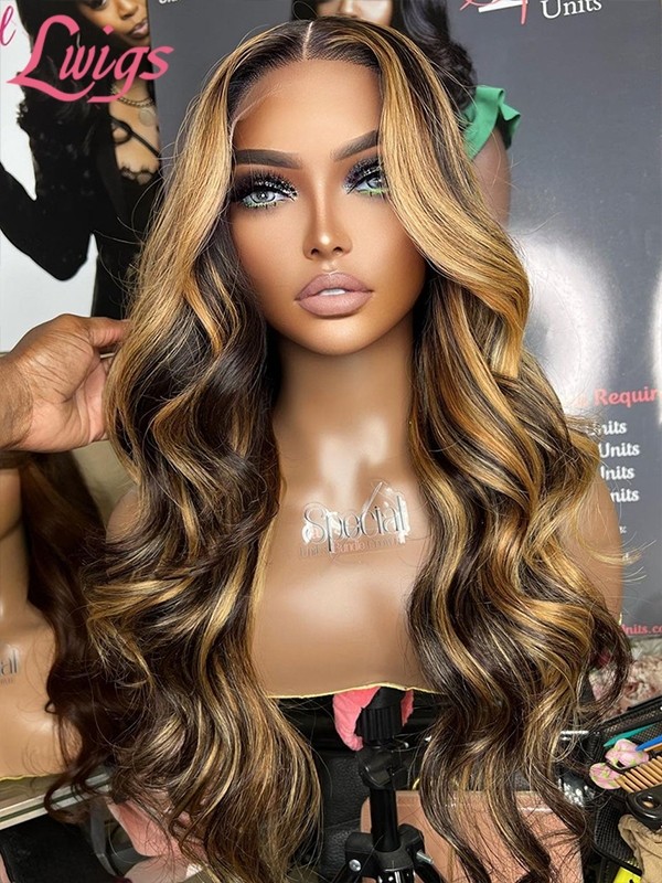 Lwigs New Arrivals Pre Plucked Clean Hairline 360 HD Lace Wigs Blonde Highlight Color Body Wave Human Hair Wig NEW57