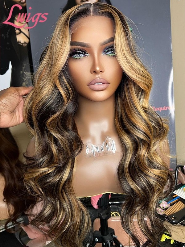 Lwigs New Arrivals Pre Plucked Clean Hairline 360 HD Lace Wigs Blonde Highlight Color Body Wave Human Hair Wig NEW57