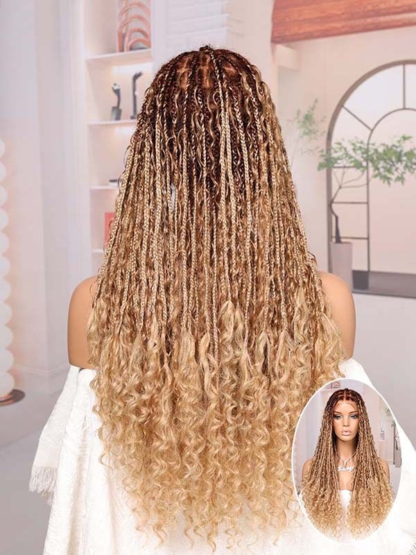 Lwigs Most-Fit Cap Ombre Blonde Color Knotless Boho Curls Braided HD Full Lace Wigs With Baby Hair UD17