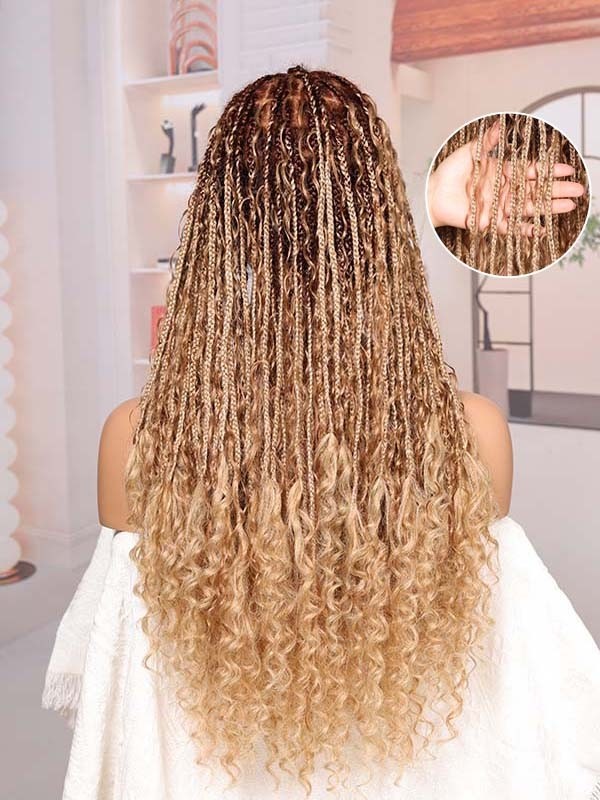 Lwigs Most-Fit Cap Ombre Blonde Color Knotless Boho Curls Braided HD Full Lace Wigs With Baby Hair UD17