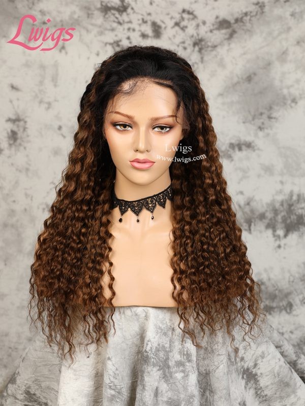180% Density Two Tone Human Hair Wig #1b/#30 Ombre Virgin Brazilian Hair Dream Swiss Lace Kinky Curly 360 Lace Wigs Lwigs147
