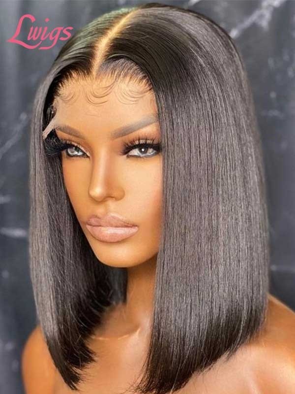 Bleached Knots Undetectable HD Dream Swiss Lace Natural Black Color Short Bob Haircut Silk Straight 360 Lace Wigs Lwigs227
