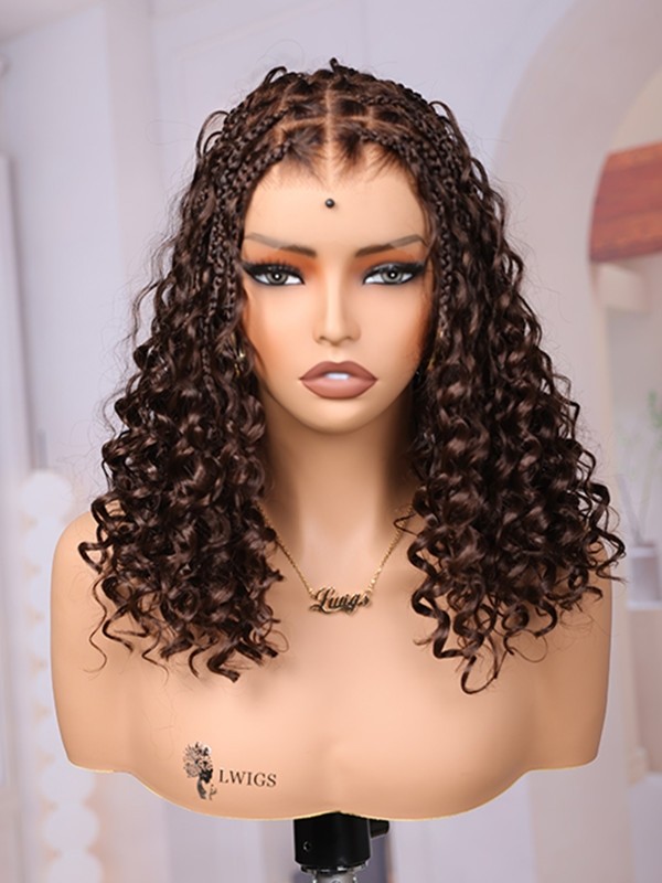 Lwigs Most-Fit Cap Dark Brown Boho Braids Deep Curly Human Hair Skin-Melted HD Full Lace Braided Wig UD10