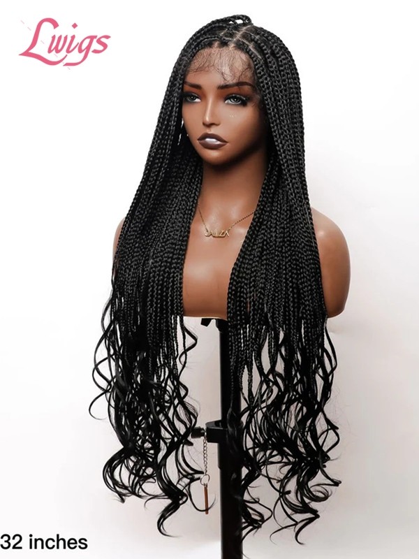 New-in Tangleless Human Hair Ends Knotless Small Box HD Lace Full Hand-tied with Loose Curly Ends Braided Wig Lwigs404