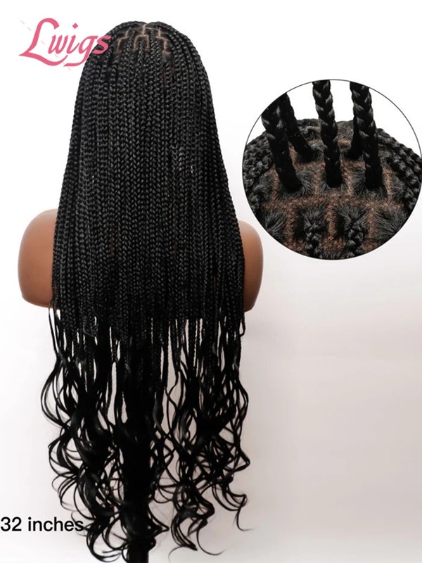 New-in Tangleless Human Hair Ends Knotless Small Box HD Lace Full Hand-tied with Loose Curly Ends Braided Wig Lwigs404