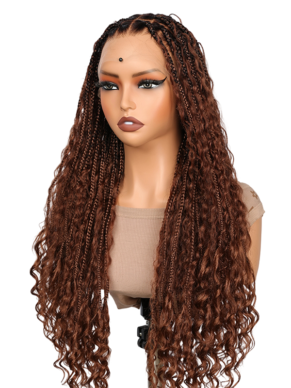 Lwigs Most-Fit Cap Beginner Friendly Pre-Braided 180% Density Ombre Brown Color Knotless HD Full Lace Wig UD05
