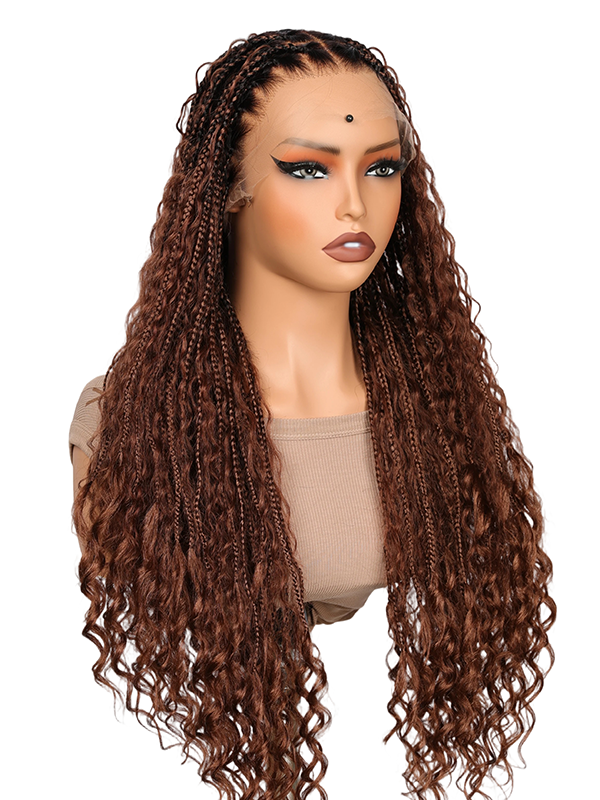 Lwigs Most-Fit Cap Beginner Friendly Pre-Braided 180% Density Ombre Brown Color Knotless HD Full Lace Wig UD05