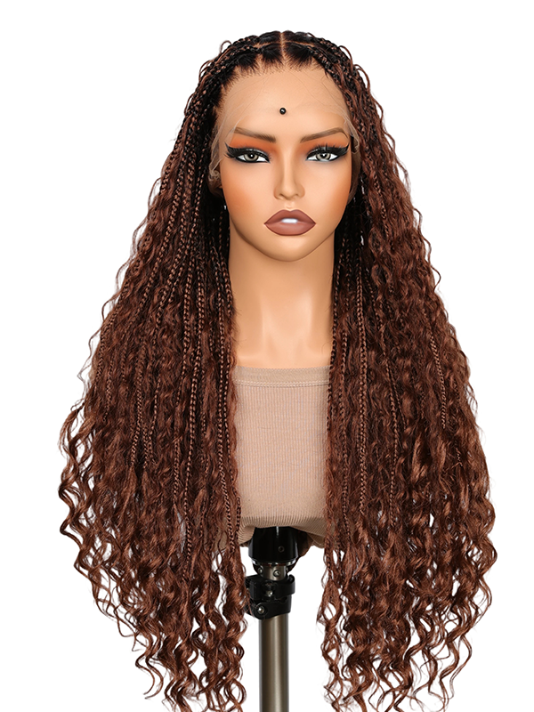 Lwigs Most-Fit Cap Beginner Friendly Pre-Braided 180% Density Ombre Brown Color Knotless HD Full Lace Wig UD05