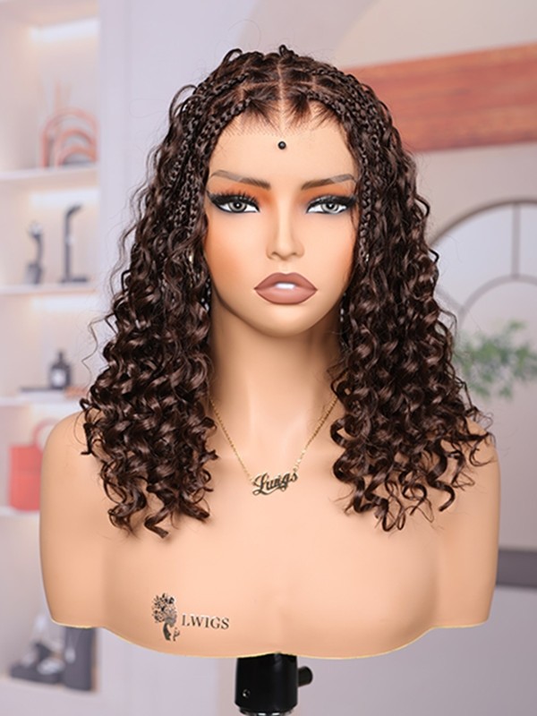 Lwigs Most-Fit Cap Dark Brown Boho Braids Deep Curly Human Hair Skin-Melted HD Full Lace Braided Wig UD10