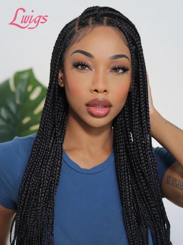 New-in Tangleless Human Hair Ends Knotless Small Box HD Lace Full Hand-tied with Loose Curly Ends Braided Wig Lwigs404