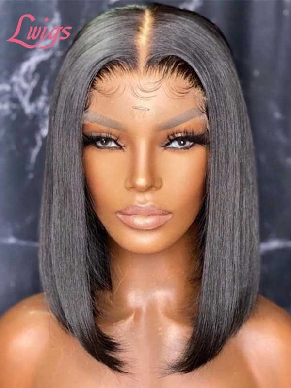 Bleached Knots Undetectable HD Dream Swiss Lace Natural Black Color Short Bob Haircut Silk Straight 360 Lace Wigs Lwigs227