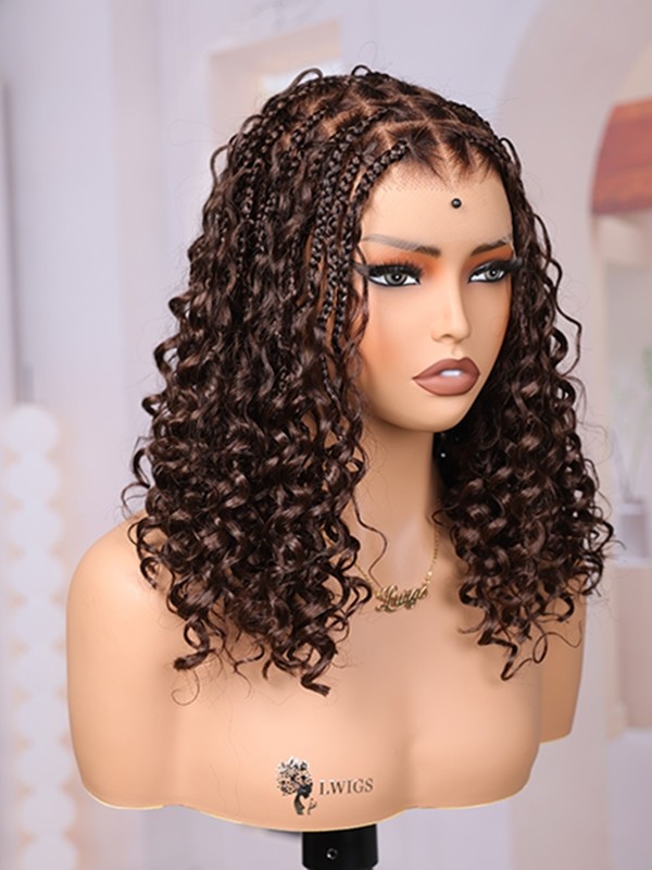 Lwigs Most-Fit Cap Dark Brown Boho Braids Deep Curly Human Hair Skin-Melted HD Full Lace Braided Wig UD10