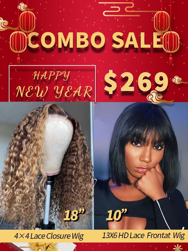 Lwigs Combo Sale Highlight Deep Curly Lace Closure Wig & Natural Color Bob HD Lace Frontal Wig NY111