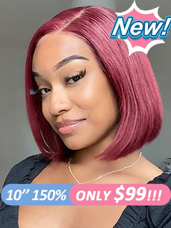 #99J Bleached Knots Bob Haircut Human Hair Pre-Plucked Hairline C-Part Lace Wig Burgundy Color Wigs Lwigs315