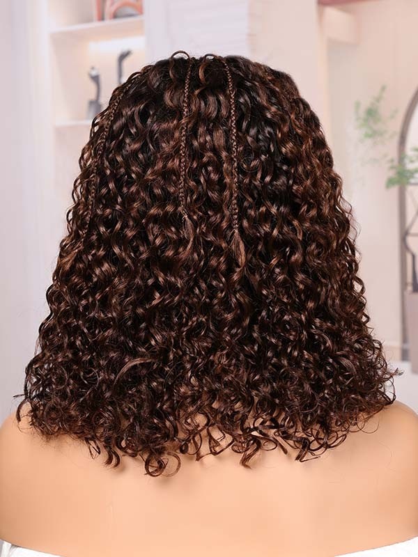 Lwigs Most-Fit Cap Boho Curls Braided Wig Ombre Brown Color Middle Length Bob 5x5 HD Lace Closure Wigs UD18