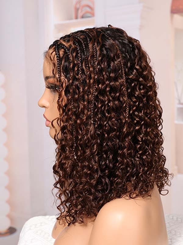 Lwigs Most-Fit Cap Boho Curls Braided Wig Ombre Brown Color Middle Length Bob 5x5 HD Lace Closure Wigs UD18