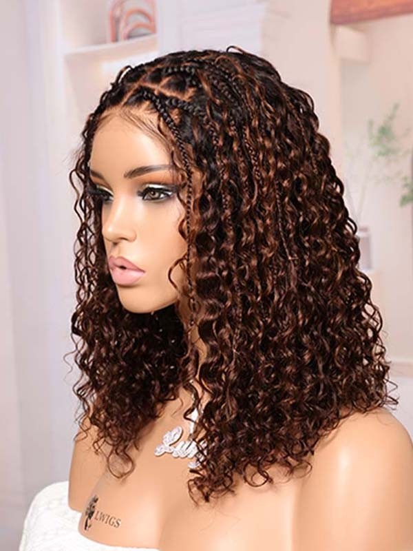 Lwigs Most-Fit Cap Boho Curls Braided Wig Ombre Brown Color Middle Length Bob 5x5 HD Lace Closure Wigs UD18