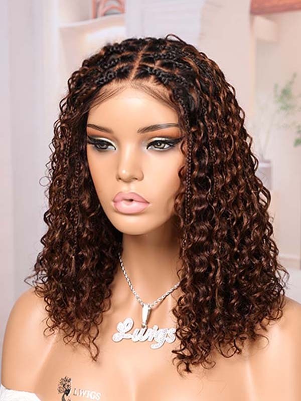Lwigs Most-Fit Cap Boho Curls Braided Wig Ombre Brown Color Middle Length Bob 5x5 HD Lace Closure Wigs UD18