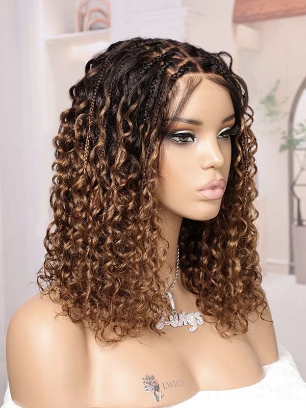 Lwigs Most-Fit Cap #1B#30 Ombre Color Boho Braided Wig Short Length Tiny Knots 5x5 HD Lace Closure Top Braids Wigs UD30