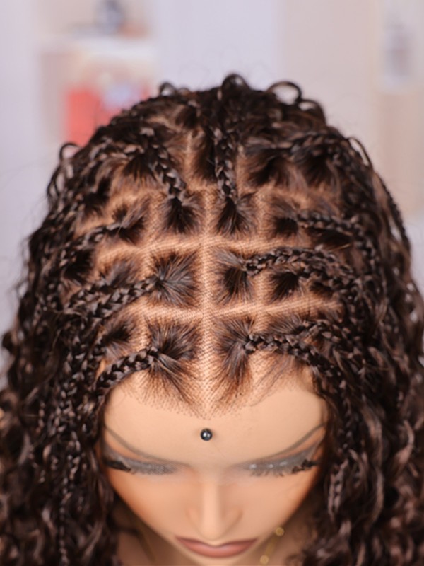 Lwigs Most-Fit Cap Dark Brown Boho Braids Deep Curly Human Hair Skin-Melted HD Full Lace Braided Wig UD10
