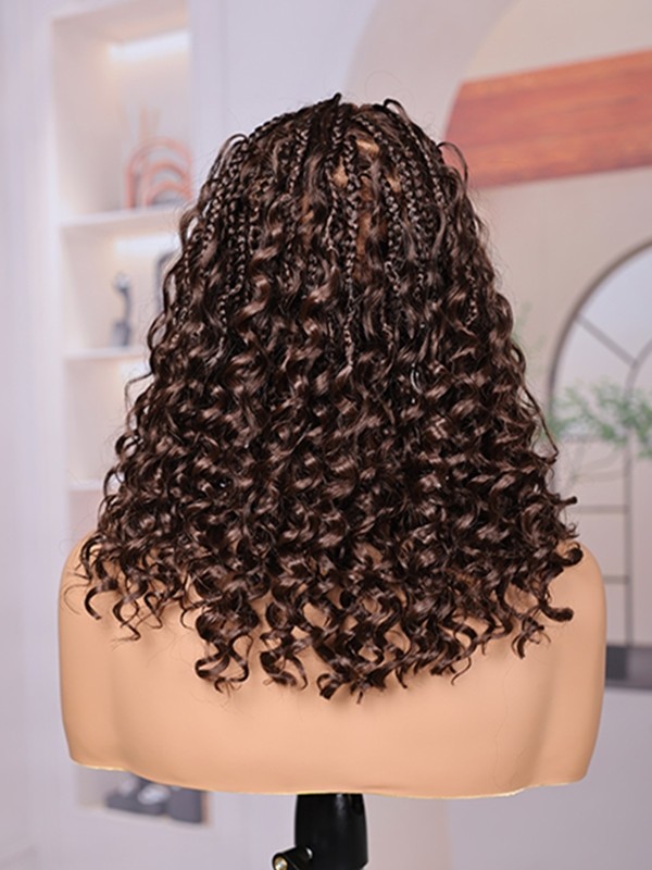 Lwigs Most-Fit Cap Dark Brown Boho Braids Deep Curly Human Hair Skin-Melted HD Full Lace Braided Wig UD10