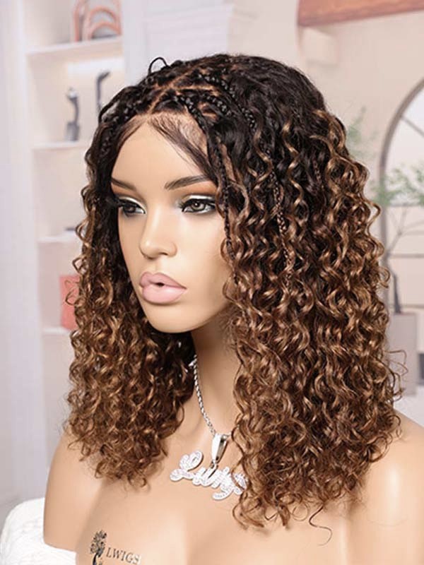 Lwigs Most-Fit Cap #1B#30 Ombre Color Boho Braided Wig Short Length Tiny Knots 5x5 HD Lace Closure Top Braids Wigs UD30