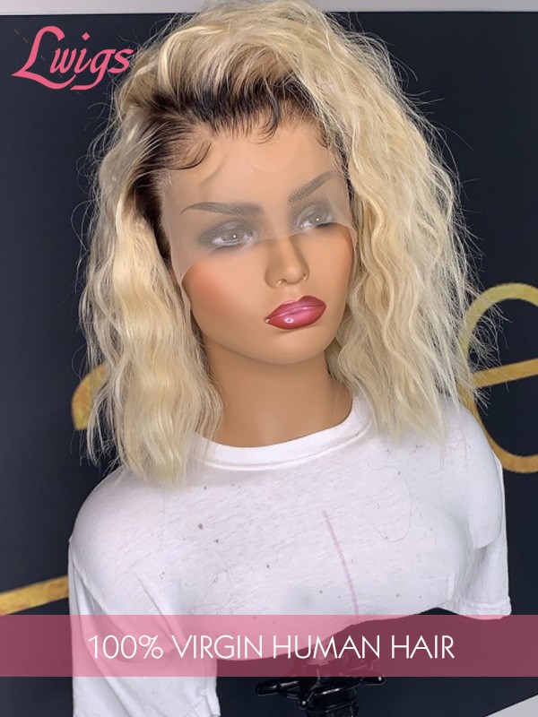 Ombre 613 Blonde Color Curly Bob Hair Style Transparent Lace T1b/613 Brazilian Virgin Human Hair 13x4 Lace Front Wigs Lwigs36