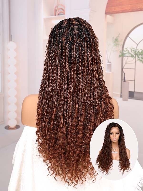 Lwigs Most-Fit Cap Ombre Brown Tiny Knots 180% Density Side Part HD Full Lace Knotless Long Braided Wig UD21