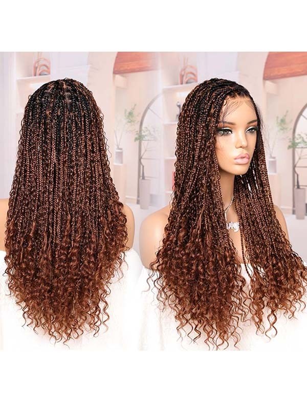 Lwigs Most-Fit Cap Ombre Brown Tiny Knots 180% Density Side Part HD Full Lace Knotless Long Braided Wig UD21