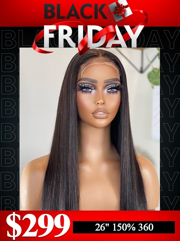 Lwigs 2024 Black Friday Sale Natural Black Color 26 Inches 150% Density Silky Straight Pre-plucked HD Lace 360 Lace Wig RS06