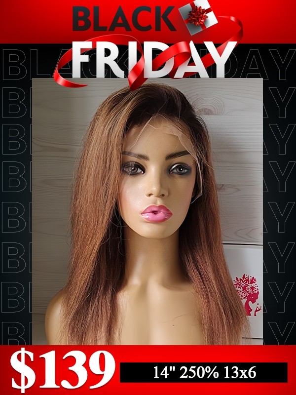 Lwigs 2024 Black Friday Sale 14 Inches Kinky Straight 250% High Density Ombre Orange Brown Color 13x6 Lace Front Wig RS01