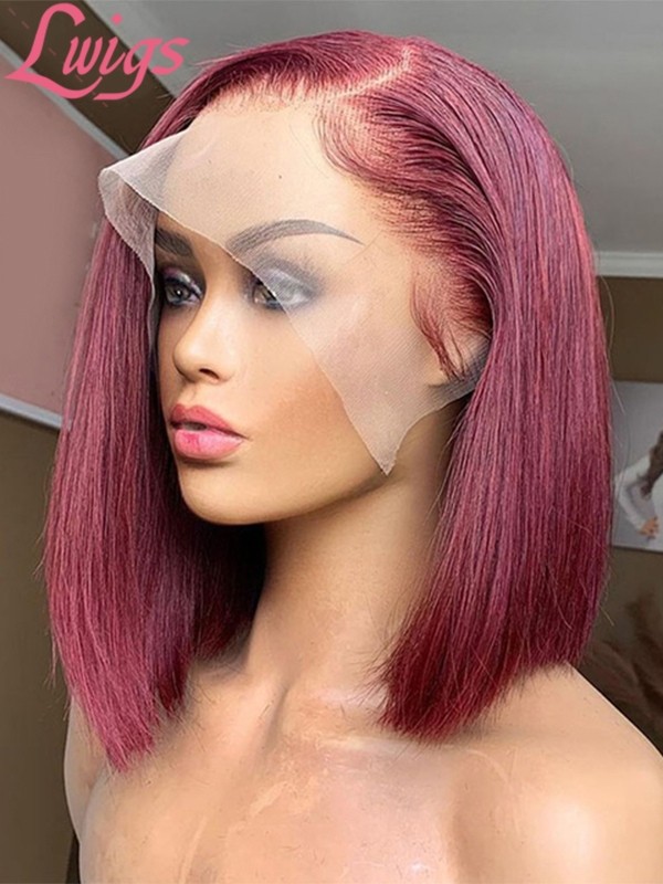 #99J Bleached Knots Bob Haircut Human Hair Pre-Plucked Hairline C-Part Lace Wig Burgundy Color Wigs Lwigs315