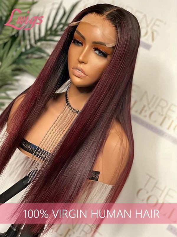 Ombre Dark Burgundy Color Hair Straight Wavy Brazilian Virgin Human Hair HD Lace 13*6 Lace Front Wigs Lwigs161