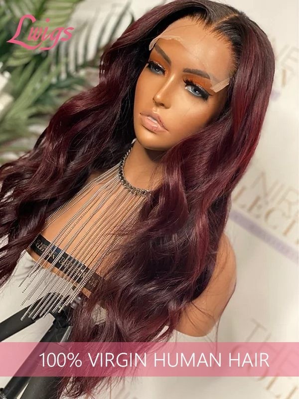 Ombre Dark Burgundy Color Hair Straight Wavy Brazilian Virgin Human Hair HD Lace 13*6 Lace Front Wigs Lwigs161