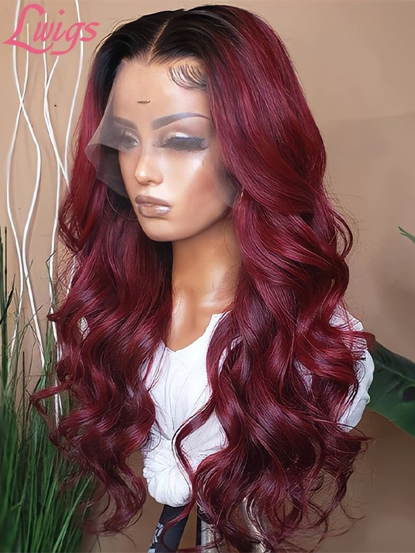 Ash Ombre Burgundy Color Hair Body Wave Brazilian Virgin Human Hair T#1b/99J 13*6 Transparent Lace Front Wig Lwigs07