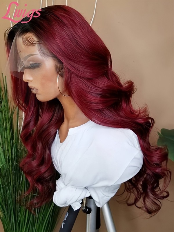 Ash Ombre Burgundy Color Hair Body Wave Brazilian Virgin Human Hair T#1b/99J 13*6 Transparent Lace Front Wig Lwigs07