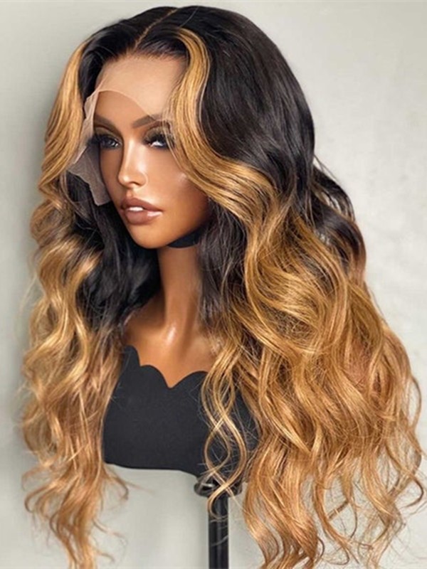 Bleached Knots HD Lace Ombre Highlight Color Body Wavy Brazilian Virgin Human Hair 13x6 Lace Front Wig Lwigs307