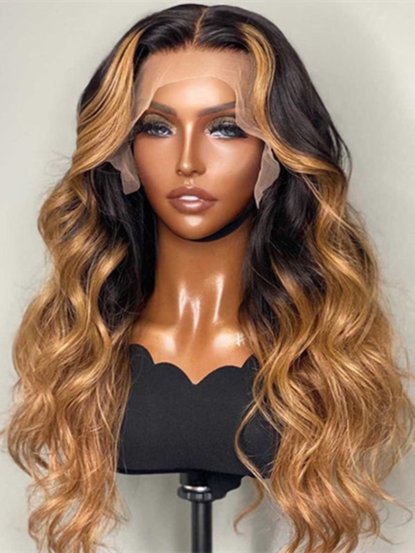 Bleached Knots HD Lace Ombre Highlight Color Body Wavy Brazilian Virgin Human Hair 13x6 Lace Front Wig Lwigs307