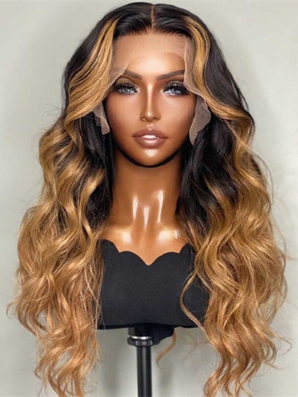 Bleached Knots HD Lace Ombre Highlight Color Body Wavy Brazilian Virgin Human Hair 13x6 Lace Front Wig Lwigs307