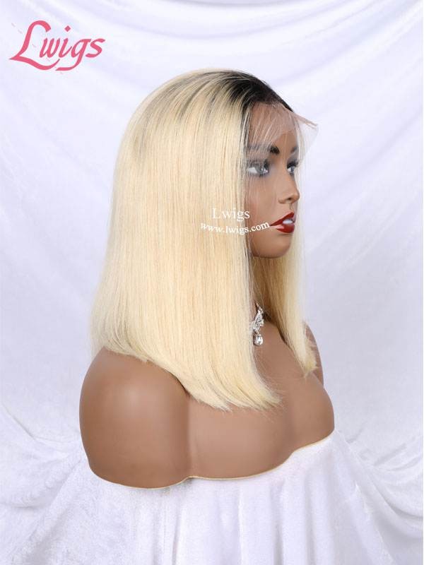 Brazilian Front Lace Wig Human Hair Ombre Blonde Color Hair #613 Wig With Black Roots Short Bob Wig 13x4 180 Density Lwigs73